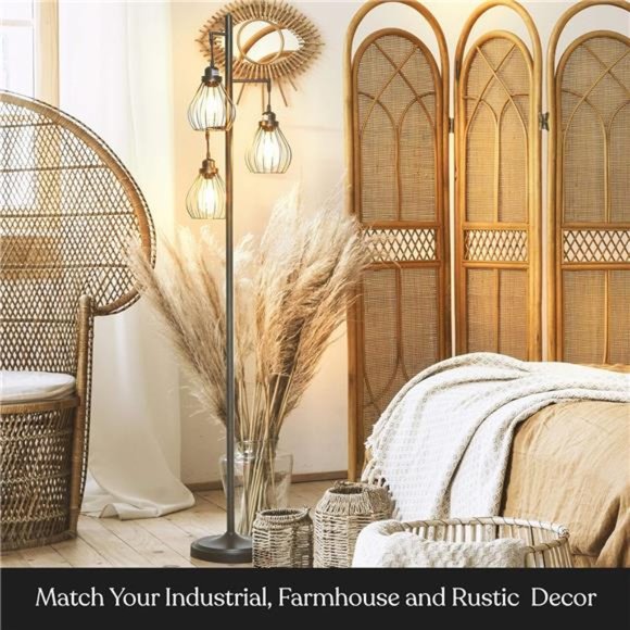 LED Floor Lamp – Tree Standing Lamp with 3 Elegant Cage Heads & Edison Bulbs - Picture 3 of 6